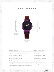 Detailed view of the purple starry dial watch with a magnetic milanese metal mesh strap