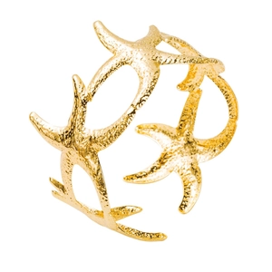 Golden starfish open cuff bracelet with hammered texture in ocean holiday style