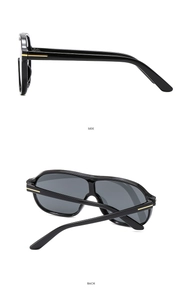 Detailed side and back views of large frame sunglasses with golden T-shaped metal hinges