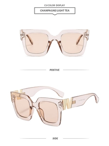 Detail view of champagne square sunglasses showing front and side angles with frame specs