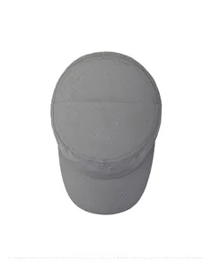 Top down view of grey flat top military cap with breathable mesh fabric details
