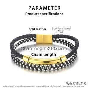 Detailed specs of double-layer bead chain and woven leather bracelet with magnetic clasp