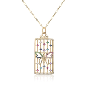 Detail of 18K gold plated necklace with a hollow butterfly pendant set with colorful zircon