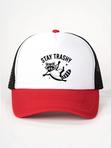 Detail of red and white trucker hat featuring a Stay Trashy raccoon print and mesh back