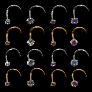 Set of 16 L-shaped stainless steel nose studs with zircon stones in gold and silver