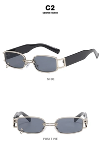 Front and side view of rectangular metal sunglasses with decorative small ring on lens