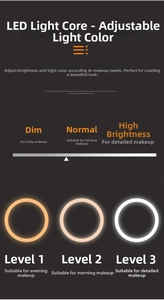 Detail showing three LED color temperature modes and adjustable brightness levels for makeup