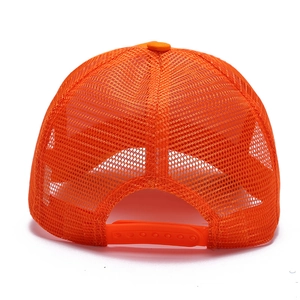 Orange mesh trucker hat with adjustable back snap closure shown from a rear perspective