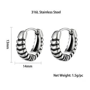 Unisex vintage 316L stainless steel hoop earrings with textured spiral design