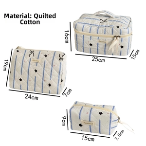 Three quilted cotton cosmetic bags in star and heart patterns with size specifications