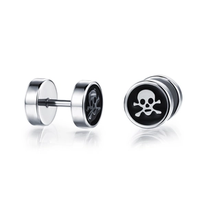 Boucles d'oreilles crâne en argent pour hommes avec émail noir et style punk hip hop
