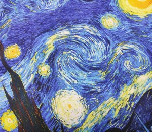 Detailed macro view showing the textured canvas material and Van Gogh Starry Night print