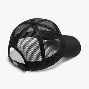 Classic black mesh trucker hat with adjustable metal buckle and breathable panels