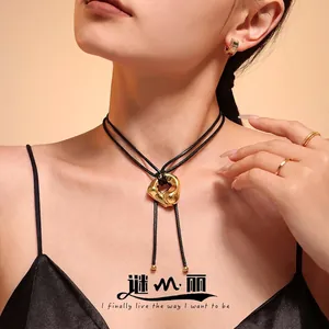 Irregular Heart Pendant Necklace Stainless Steel 18K Gold Plated Adjustable Leather Cord Minimalist Jewelry For Women