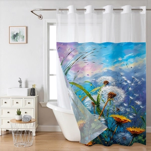Detail view of double-layer waterproof shower curtain with artistic blue dandelion print