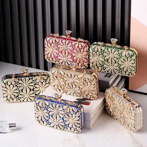 Sparkling floral rhinestone evening clutch bags in multiple colors with luxury metal chain