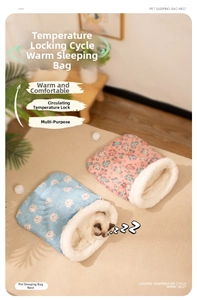 Plush pet sleeping bag with soft fleece lining for cats and small dogs in home setting