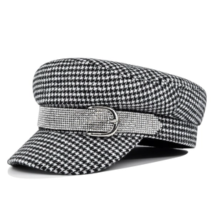 Women Fashion Newsboy Cap Cotton Navy Hat With Rhinestone Belt Buckle Houndstooth Pattern Retro Flat Top Beret Hat For Lady