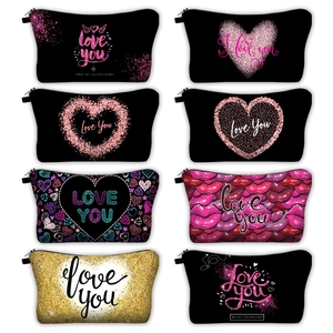 Detail of eight heart-themed digital print makeup bags with Valentine's day patterns