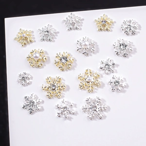 Golden and silver snowflake alloy nail charms with pearls and rhinestones for winter DIY