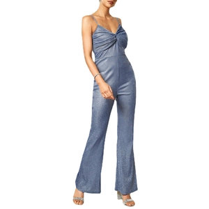 Sparkly grey-blue sequin jumpsuit for women with V-neck knot and wide leg fit