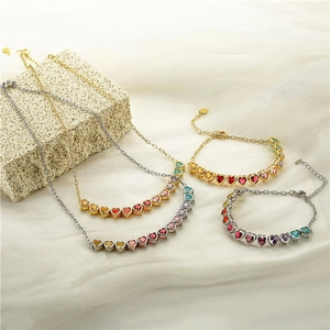 Fashion Copper Rainbow Zirconia Heart Necklace Bracelet Jewelry Set Elegant Multi Color Heart Pendant Jewelry For Women