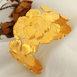 Elegant gold titanium steel camellia flower open cuff bracelet with brushed metal texture