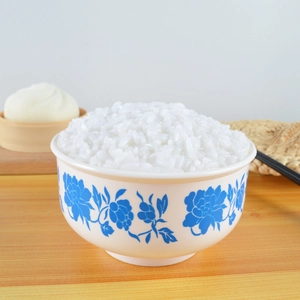 Detail of a large artificial rice bowl with traditional blue and white floral pattern