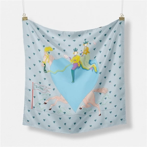 Elegant silk twill square scarf with blue equestrian tea time print and heart motifs