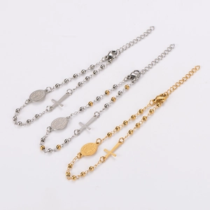 Polished stainless steel rosary bracelets with cross pendants in gold and silver finishes