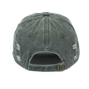 Vintage washed distressed baseball cap in dark green with ripped details and metal buckle