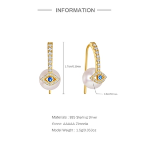 Detail showing 925 silver Evil Eye pearl earrings dimensions of 1.7cm height and 0.8cm width