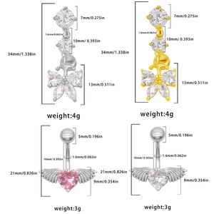 Tableau détaillé des tailles pour piercings de nombril papillon et cœur ailé