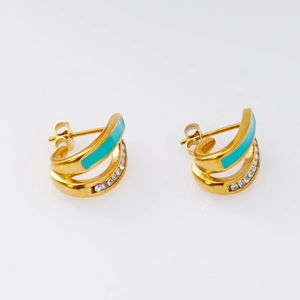 18K gold plated stainless steel hoop earrings with green enamel and micro cubic zirconia