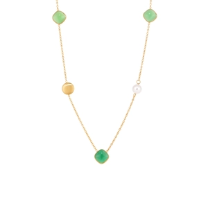Lange goldene Kette mit grünen Katzenaugen-Steinen, Perle und Geometrie-Anhängern