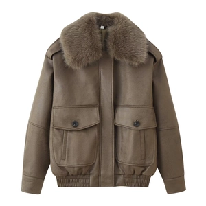 Short coffee brown leather jacket for women with a plush faux fur collar and dual pockets