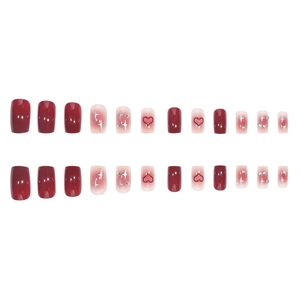 24pcs wine red and pink gradient fake nails with glitter heart and star designs