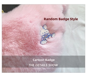 Detail of pink plush furry bag featuring a random cute rainbow bunny cartoon badge