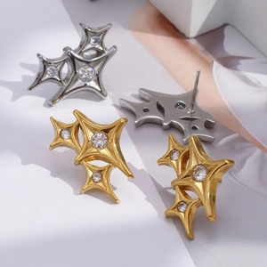 Exquisite 18K gold plated stainless steel triple star stud earrings with zircon stones