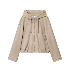 Women's beige hooded bomber jacket in suede finish fabric with full zipper closure
