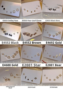 Detailed grid of 925 silver needle stud earrings with zircon and pearl designs