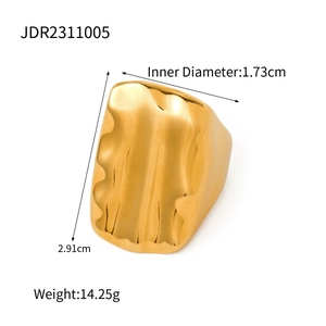 Exaggerated golden stainless steel pearl ring with dimensions and 14.25g weight details