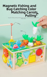Detailed close-up of a multi-functional wooden activity cube for toddler sensory play