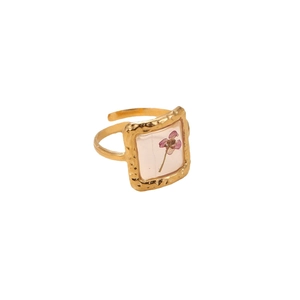 Hammered gold stainless steel open ring featuring a square purple dried flower resin charm