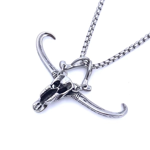 Macro shot of vintage titanium steel bull skull pendant with detailed silver box chain
