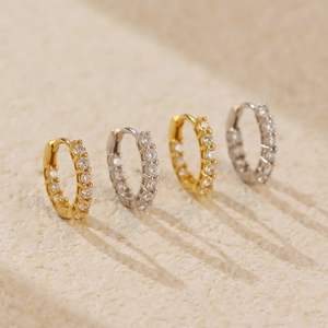 Luxurious S925 sterling silver hoop earrings with clear zircon row in gold and silver