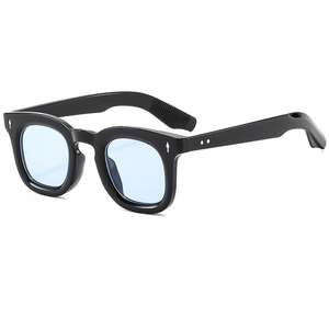 Retro black round frame sunglasses with light blue lenses and silver metal rivets