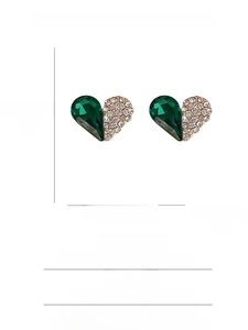 Detail view of heart stud earrings with green crystal and white rhinestones and size data