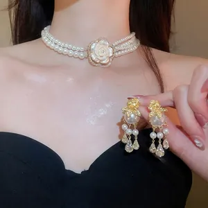 Multi Layer Artificial Pearl Necklace And Flower Drop Earrings With 925 Sterling Silver Earring Post French Vintage Elegant Women