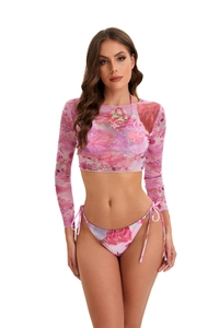 Three-piece floral bikini set featuring a pink mesh long-sleeve cover-up and side-tie bottoms